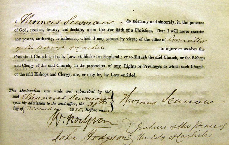 Thomas Scarrow's Oath for Councillor of Carlisle, 1835